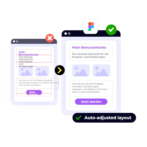 Figma localization integration ensuring design integrity with auto-adjusted layout to prevent text overflow in translated UI.