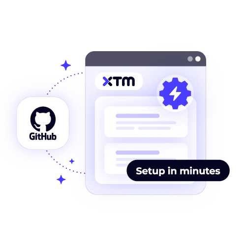 GitHub localization integration with XTM, showing developer setup in minutes for fast, efficient software translation.