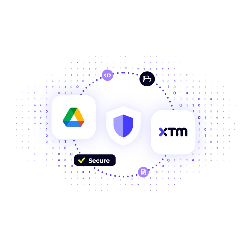 Secure file handling for Google Drive translation via XTM, protected by a central security shield. Ensure content data privacy.