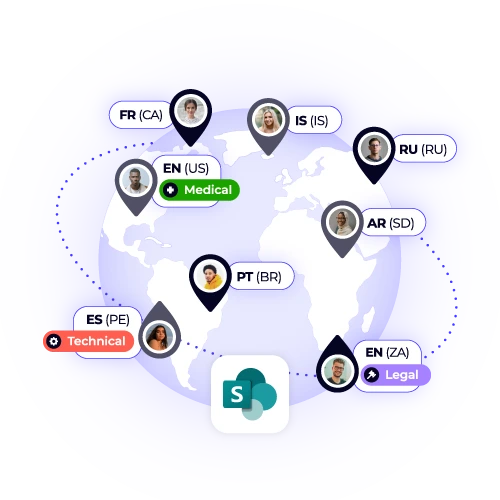 SharePoint integration utilizing a global translator network with specialized domains (Medical, Technical, Legal). Access expert language services globally.
