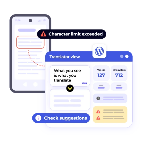 WordPress in-context translation view with a character limit exceeded warning. Ensure CMS content formatting integrity during localization.